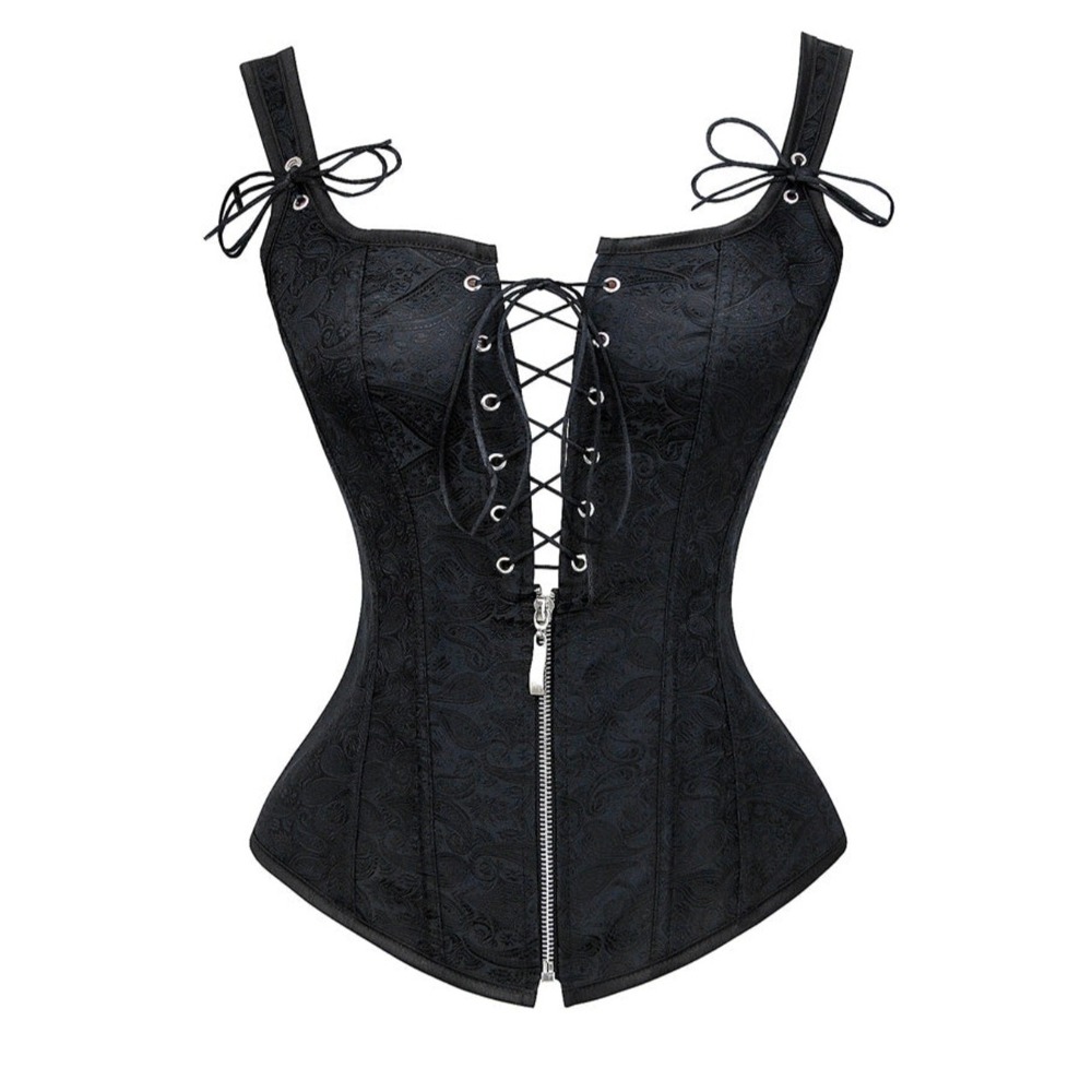 Charmian Black Paisley Brocade Corset Top Lace Up Front Zipper Gothic XL NEW